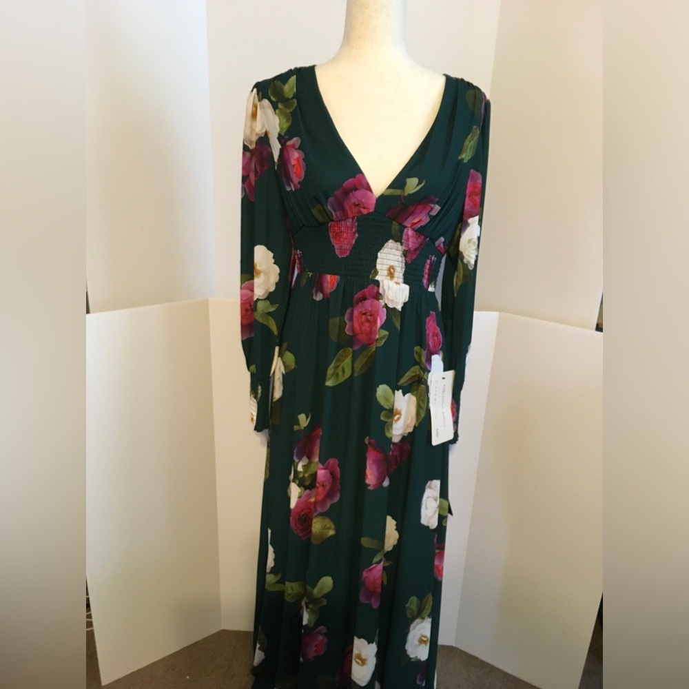 Adrianna Papell Long Sleeve Green Floral V-Neck Maxi Dress
